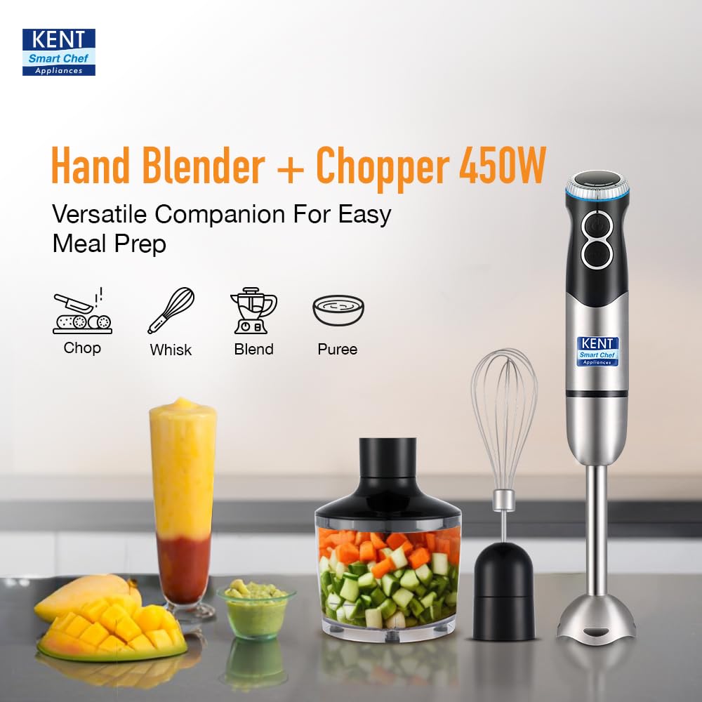 KENT Hand Blender Plus Chopper 450 W | Variable Speed Control | Turbo Switch for Fast Blending & Chopping | Hot & Cold Blending | Low Noise DC Motor | Multiple Attachments Chopper, Whisker & Jar