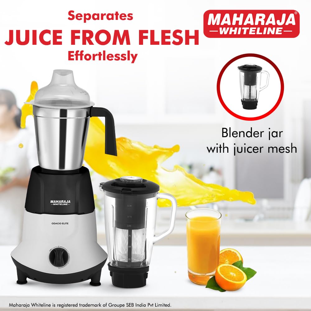 Maharaja Whiteline Odacio Elite Mixer Grinder With 4 Jars | 750 Watt | 20,000 RMP Motor | Stainless Steel Blade | 2 Years Warranty | Black & White