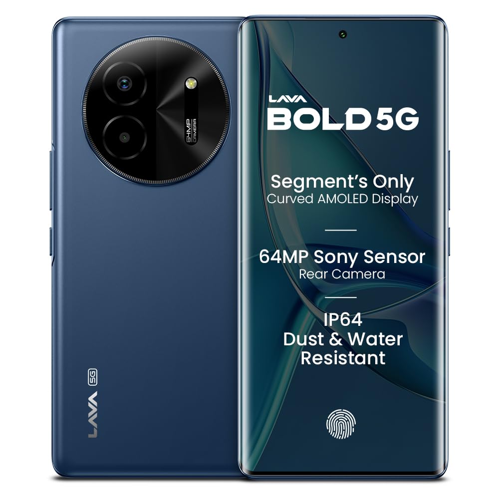 Lava Bold 5G (Sapphire Blue, 8GB RAM, 128GB Storage) | 3D Curved FHD+ AMOLED Display | Mediatek Dimensity 6300 Processor | IP64 Water Resistance | 64MP Rear Sensor | Supports All Indian 5G Bands