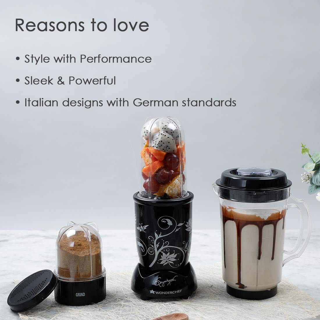 Wonderchef Nutri-blend Juicer, Mixer, Grinder, Blender & Smoothie Maker|500W 22000 RPM 100% Full Copper Motor | Stainless steel Blades | 3 unbreakable jars | Recipe book by Chef Sanjeev Kapoor | Black