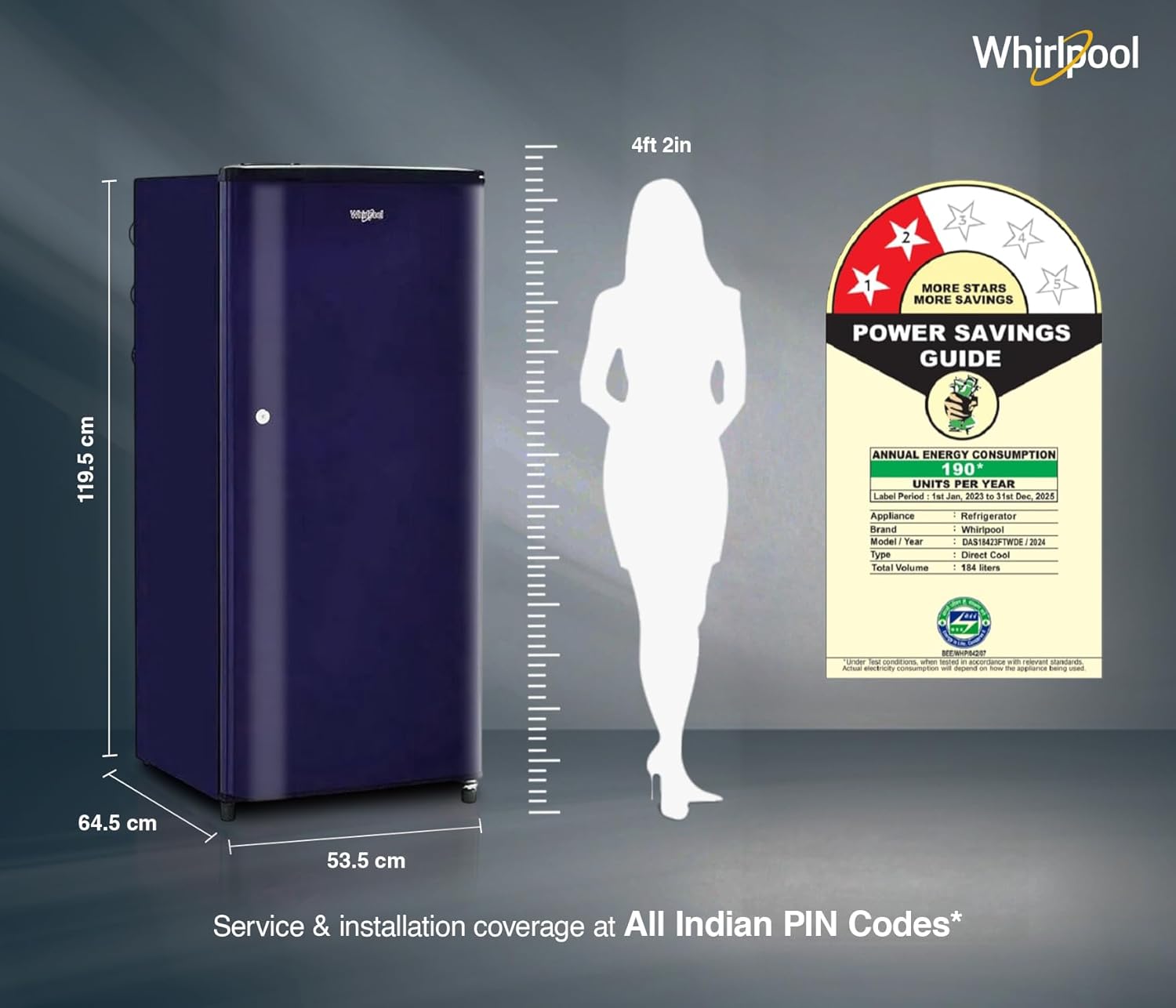 Whirlpool 184 L 2 Star Direct-Cool Single Door Refrigerator (205 WDE CLS 2S SAPPHIRE BLUE-Z, Blue,2023 Model)