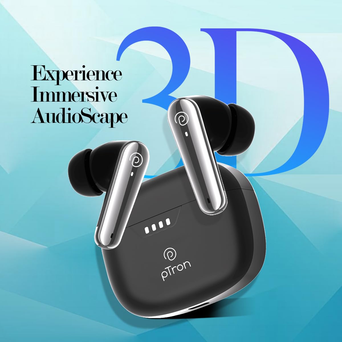 pTron Newly Launched Bassbuds Prism TWS Earbuds with 3D AudioScape, 45Hrs Playtime, TruTalk AI-ENC Calls, 50ms Low Latency Sync, BT5.3, Type-C Fast Charging, Voice Asst. & IPX5 Water Resistant (Black)