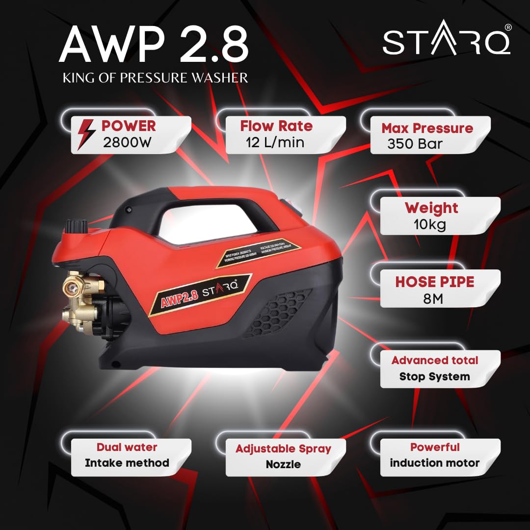 Starq AWP 2.8 High Pressure Washer, Car Washer, 2800 Watts Motor, 350 Bars, 12L/Min Flow Rate, 8 Meters Outlet Hose, Portable, Car, Bike & Home Cleaning