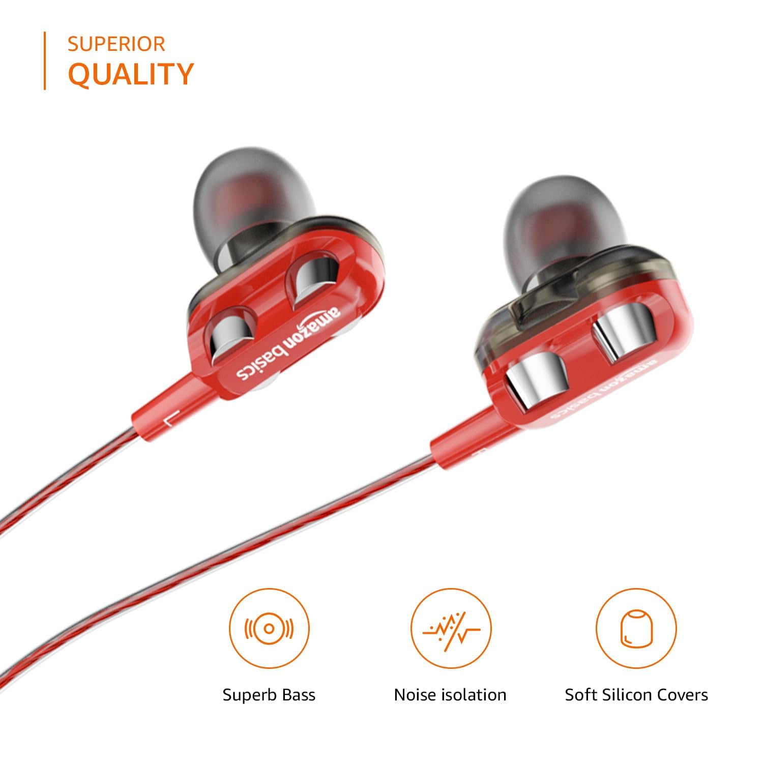 amazon basics in-Ear Wired Earphones with 9 mm Dual Drivers, in-Line Mic, Powerful Bass, Noise Isolation, 3.5 mm Audio Jack (Black and Red)