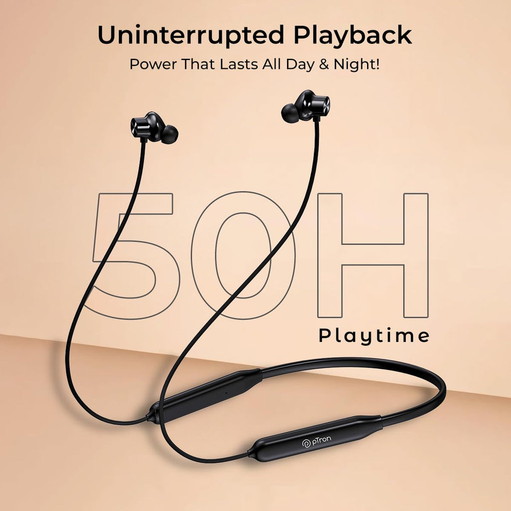 pTron Tangent Rush w/ 50Hrs Playtime, Pristine Sound, Dual-Device Pairing, Bluetooth 5.4 Wireless in-Ear Earphones with Mic, Voice Assistant, Type-C Fast Charging & IPX5 Water Resistant (Black)