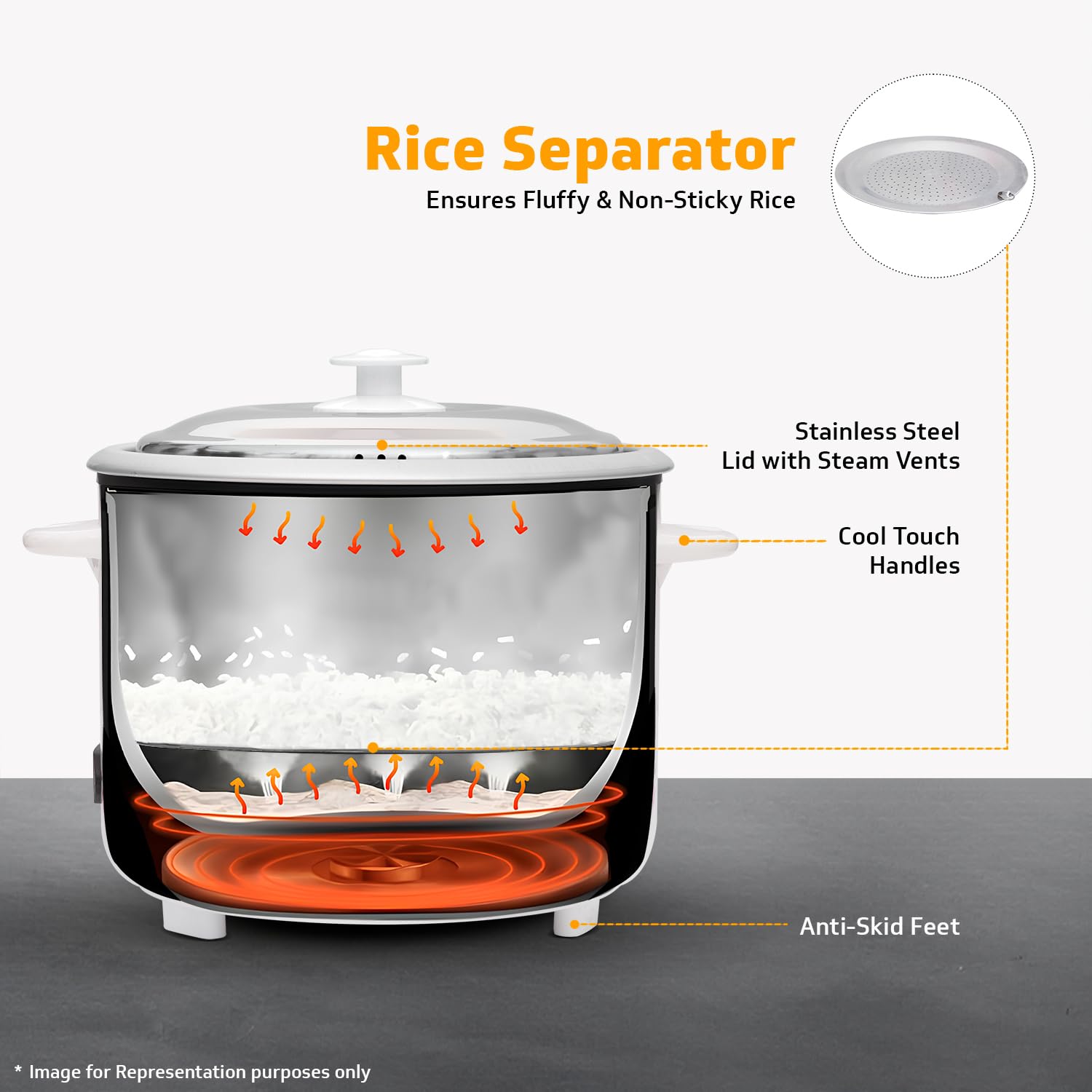 V-Guard VRC 1.8-Litre Electric Rice Cooker with 700 W Power, 2 Pots, Spatula, Rice Separator 5-Yr Heating Plate & 2-Yr Product Coverage Automatic Cooking with Double-Layered Body & Cool Touch Handles.