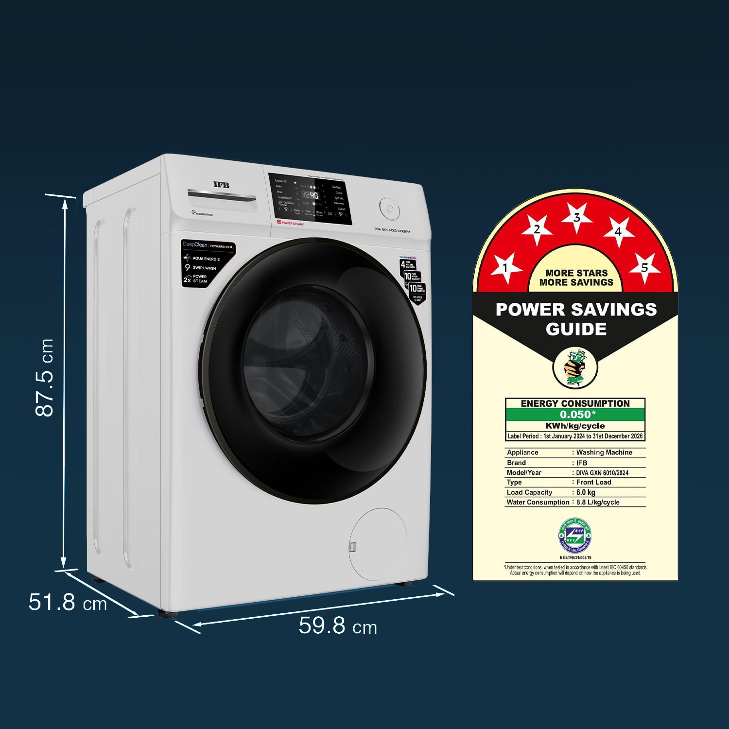 IFB 6 Kg 5 Star Powered by AI with 9 Swirl Wash, Fully Automatic Front Load Washing Machine (DIVA GXN 6010, Steam Refresh Program with Eco Inverter, Grey)