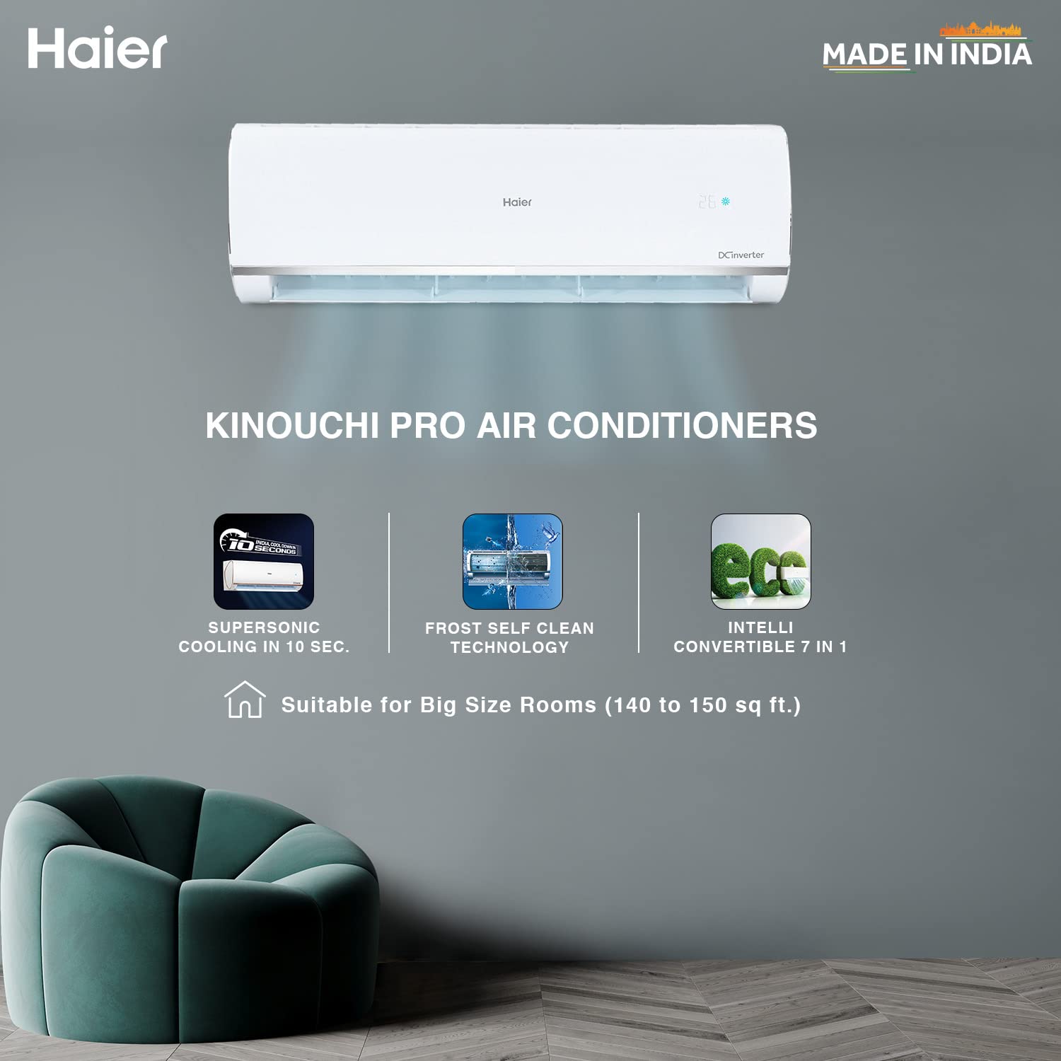 Haier 1.5 Ton 3 Star Inverter Split AC (Copper,Convertible 7 in 1 Cooling Modes, Antibacterial Filter, HSU18K-PYS3BE1-INV, White)