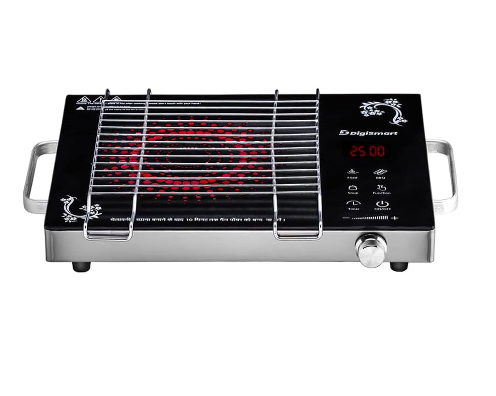 DIGISMART Emerald Induction 2500 Watts Stove with Grill Rack, Auto-Off Safety, 3 Cooking Modes, Works with All Cookware, Infrared Crystal Glass Top, Digital Soft Touch Controls, 1 Year Warranty-Black