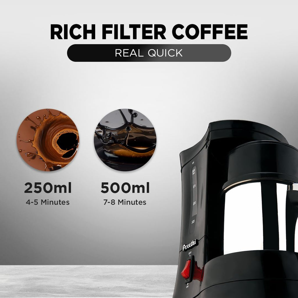 Preethi Cafe Zest Drip Coffee Maker| 450W Coffee Machine for Home | 500ml Capacity | Black (CM 210)
