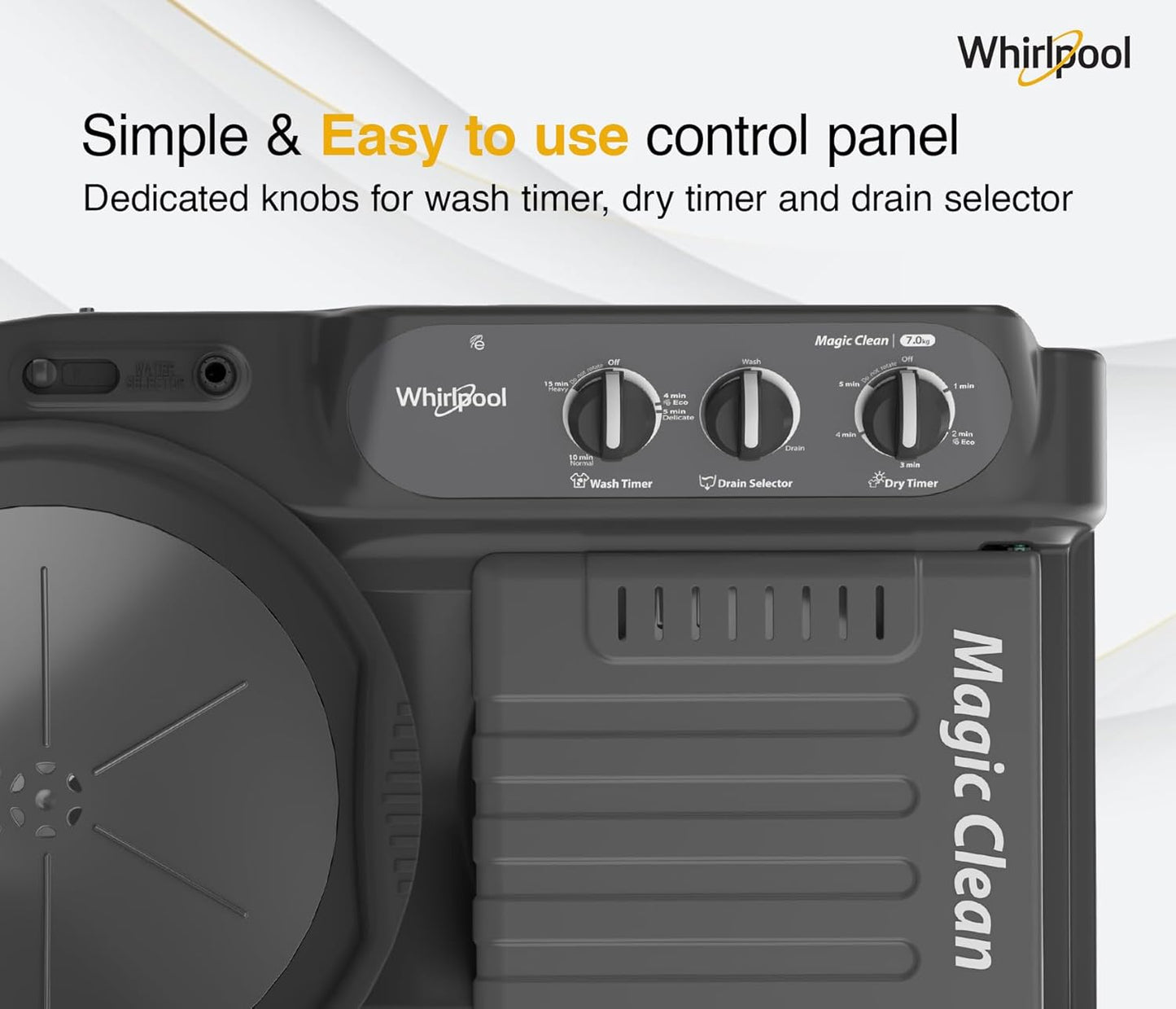 Whirlpool 7.0 Kg 5 Star MAGIC CLEAN Semi-Automatic Top Loading Washing Machine (MAGIC CLEAN RYL SRS 7.0 GREY DAZZLE (5YR), 4 Year Comprehensive Warranty, 1400 RPM Motor, 5 Year Motor Warranty)