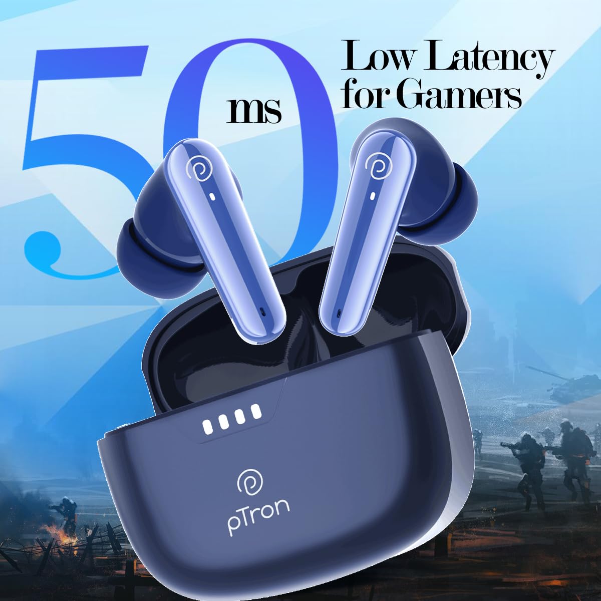 pTron Newly Launched Bassbuds Prism TWS Earbuds with 3D AudioScape, 45Hrs Playtime, TruTalk AI-ENC Calls, 50ms Low Latency Sync, BT5.3, Type-C Fast Charging, Voice Asst. & IPX5 Water Resistant (Blue)