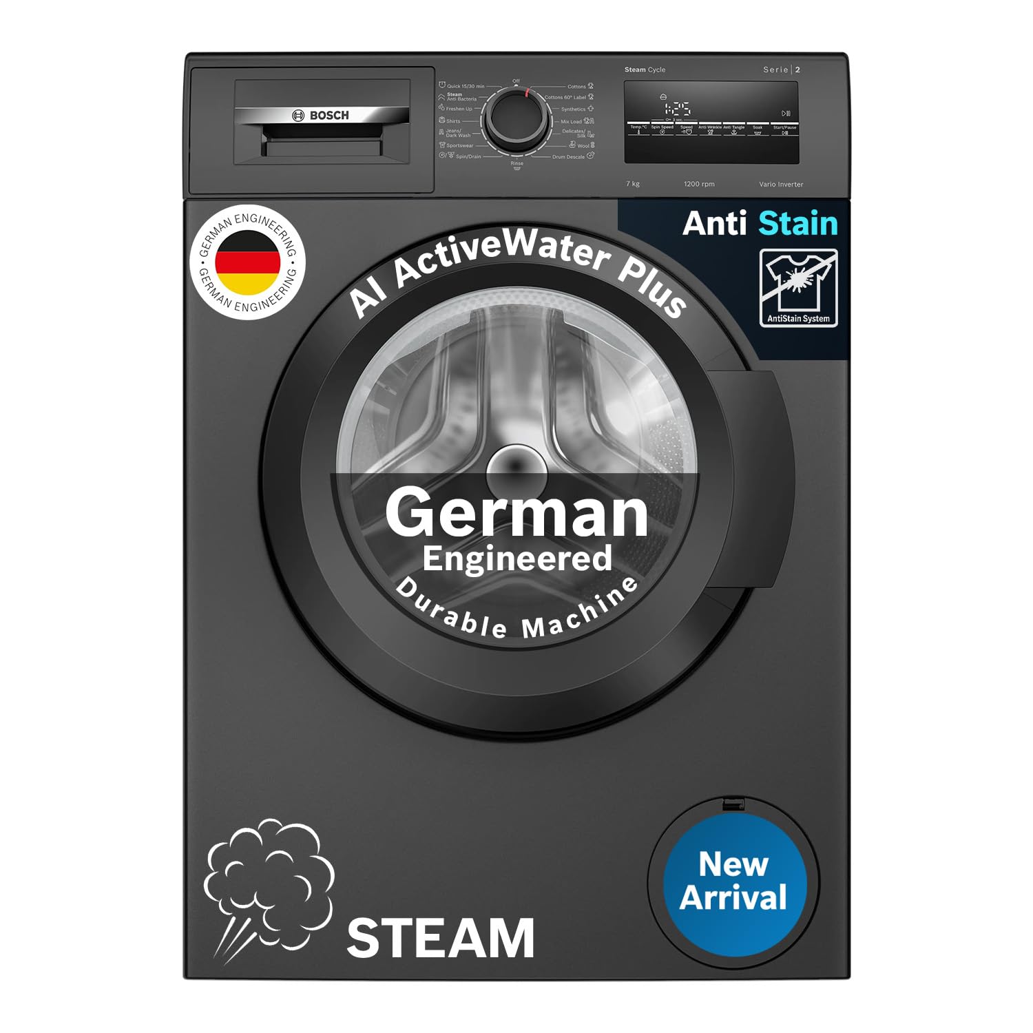 Bosch 7 kg, 5 Star, AI active water+, Anti Stain, Steam Antibacteria, Allergy Plus, Fully-Automatic Front Loading Washing Machine (WAJ24209IN, Black, In-Built Heater, Anti Wrinkle, Anti Tangle)