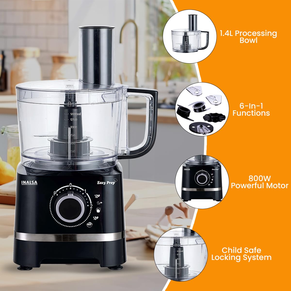 INALSA Food Processor with Atta Kneader 800 Watts|1.4L Processing Bowl 7 Accessories including Dough Maker Electric Chopper,French Fry Cutter,Slicer,Shredder,Meat Mincer Dough Maker Machine,Easy Prep