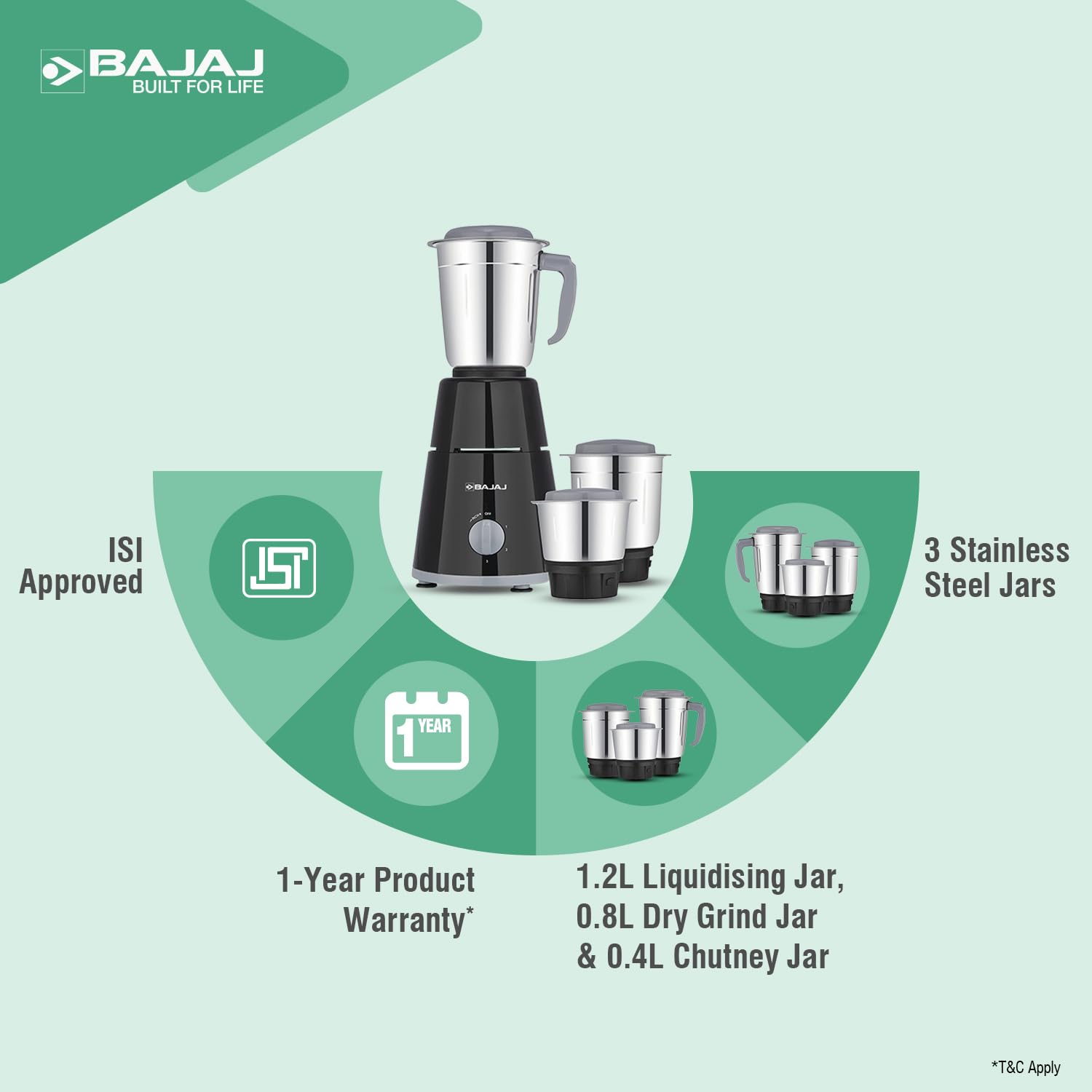 Bajaj GX-1 Mixer Grinder 500W | Superior Mixie For Kitchen | 2-In-1 For Dry Grinding | Blade Function With Titan Motor | 3 Stainless Steel Mixer Jars | 1 Year Product Warranty By Bajaj 【Black】