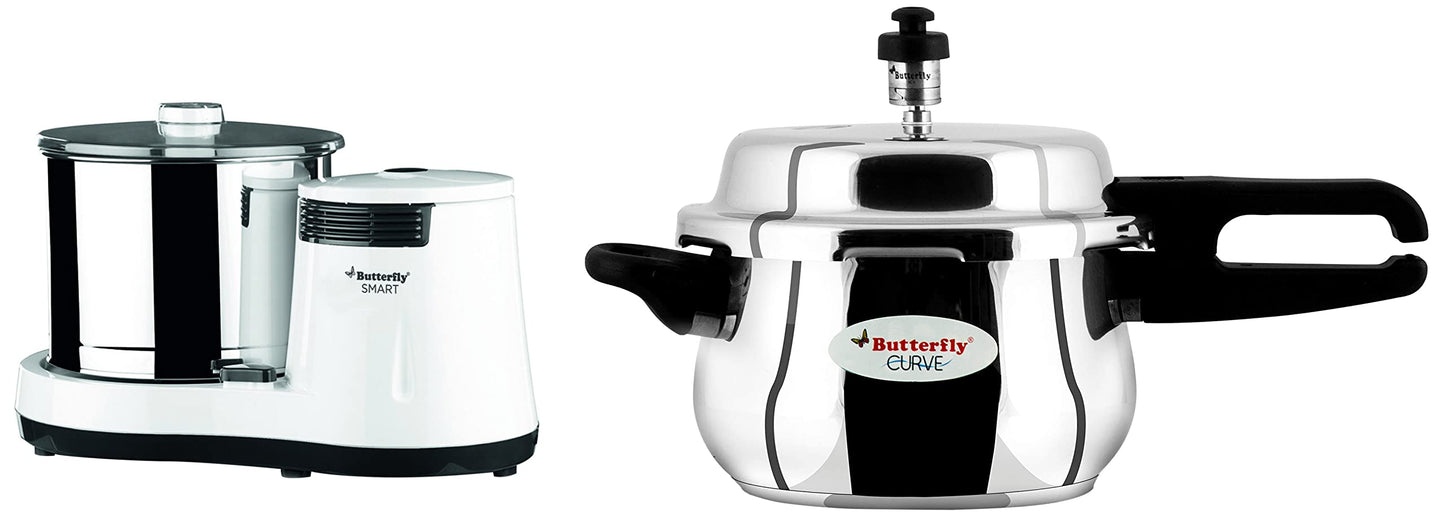 Butterfly Smart 2 Litres Table-Top Wet Grinder|150 Watts|Shockproof ABS Body| Coconut Scrapper Attachment|2 stones with 4-Way Grinding| Stainless Steel Drum | 2 Years Manufacturer's Warranty | White