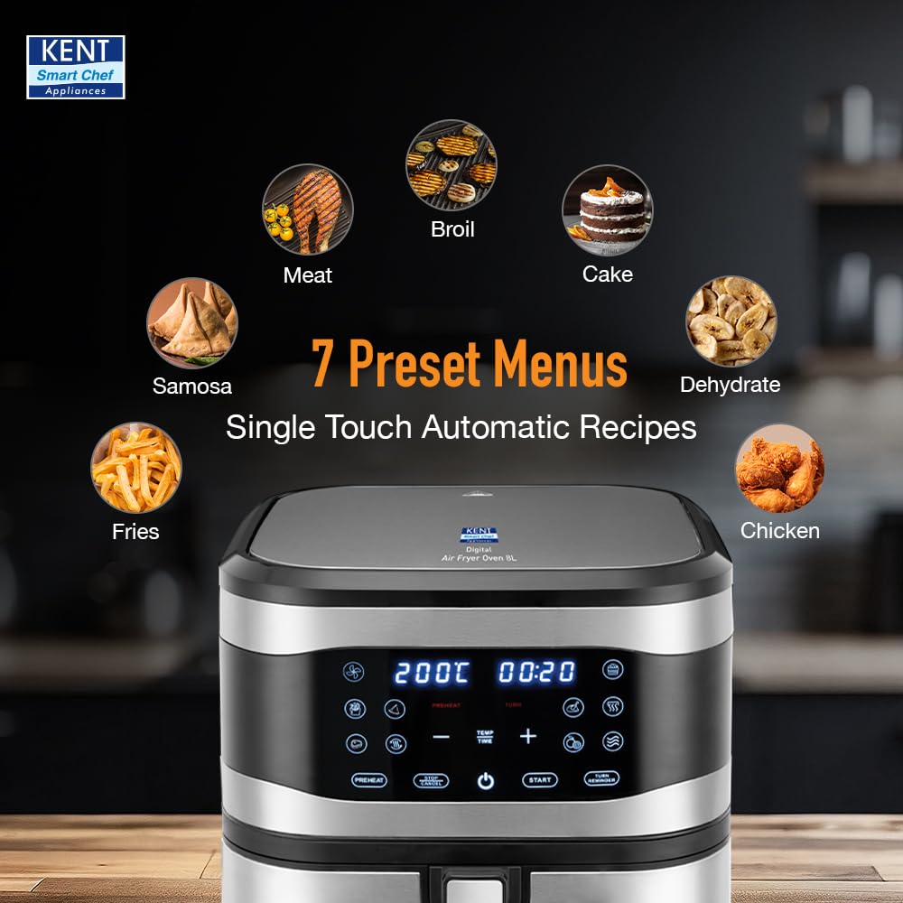 KENT Digital Air Fryer 8L | 1700W | Bake, Grill & Roast | Up to 80% Less Oil Usage | 7 Preset Menu | Digital Display & Touch Control Panel | Glass Window with in built Light | Auto Cut-Off Silver