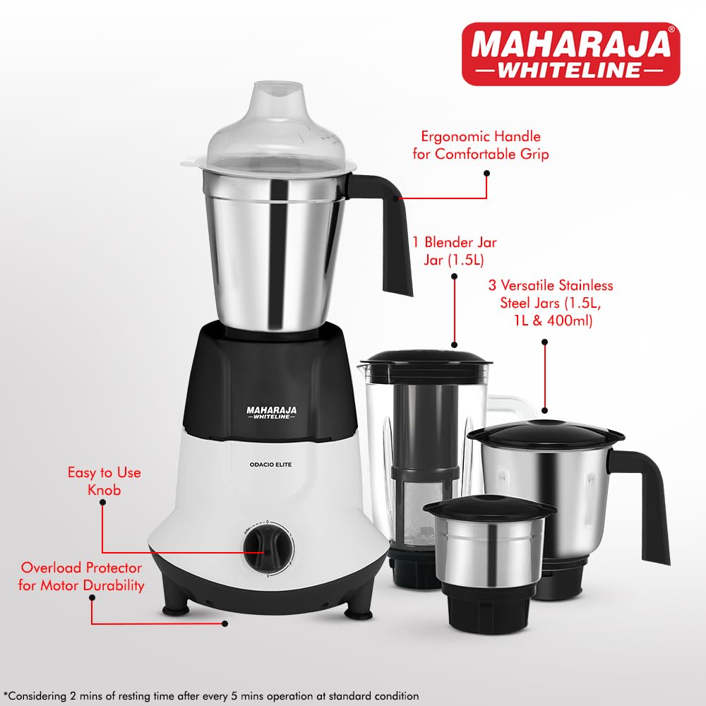 Maharaja Whiteline Odacio Elite Mixer Grinder With 4 Jars | 750 Watt | 20,000 RMP Motor | Stainless Steel Blade | 2 Years Warranty | Black & White