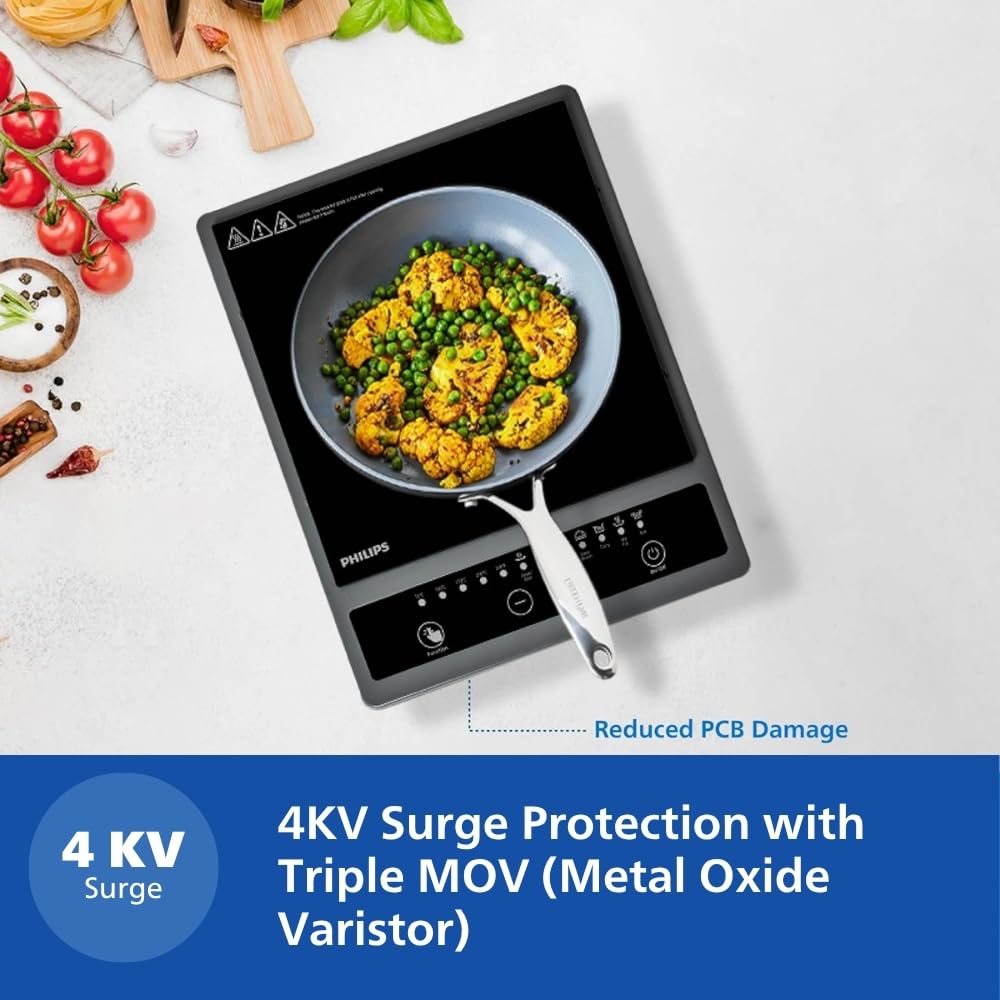 Philips HD4934/00 1300W Induction Cooktop with Triple MOV for 4kW surge protection with soft touch control | 7 Preset Menus | 3 Years warranty on Coil