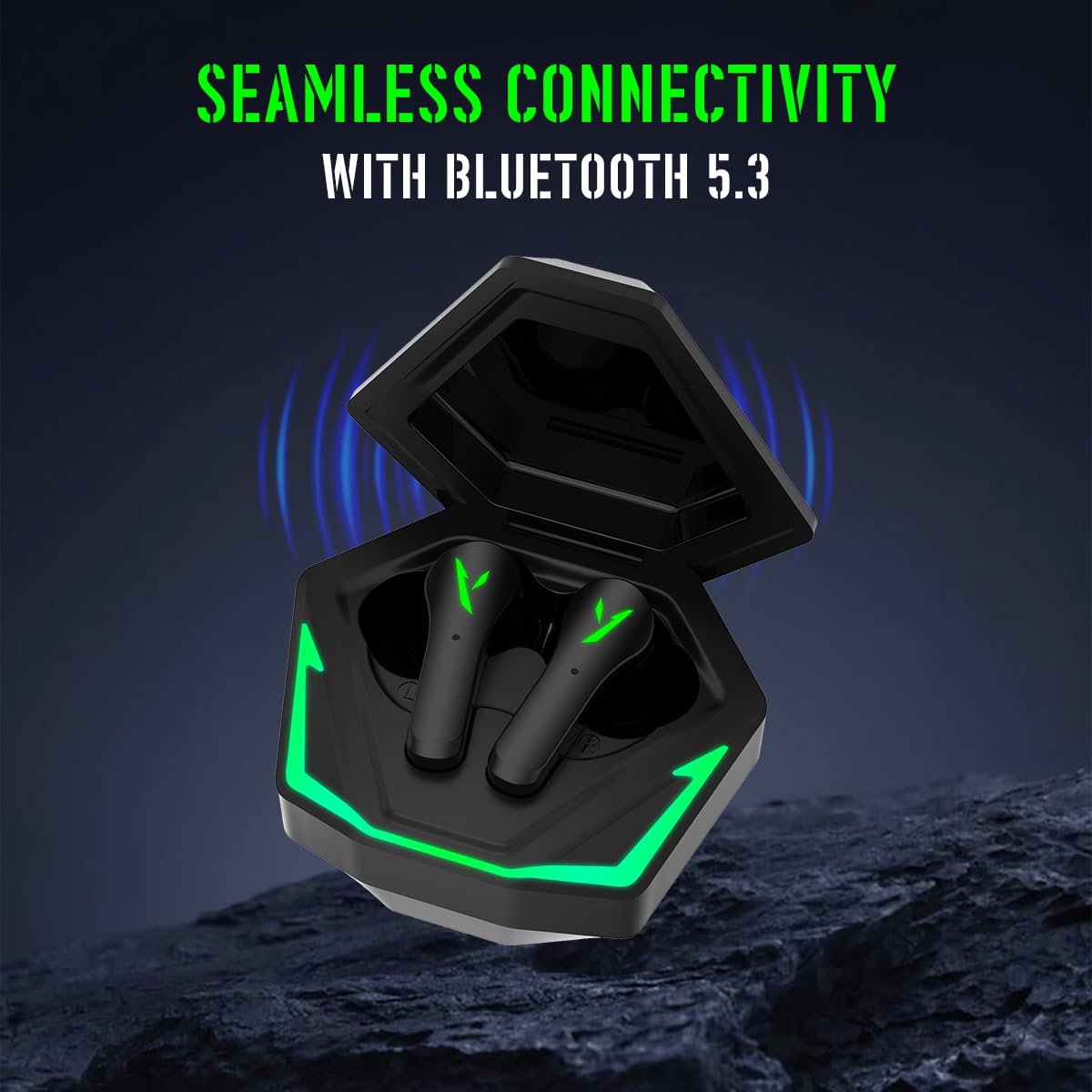 pTron Bassbuds Rogue W/ 40Ms Low-Latency Gaming,Clear Calls,50Hrs Playtime,Pristine Sound,V5.3 Bluetooth in Ear Headphones,Snug-Fit,RGB Lights,Touch Control,Voice Assist,IPX5 Water Resistant(Black)