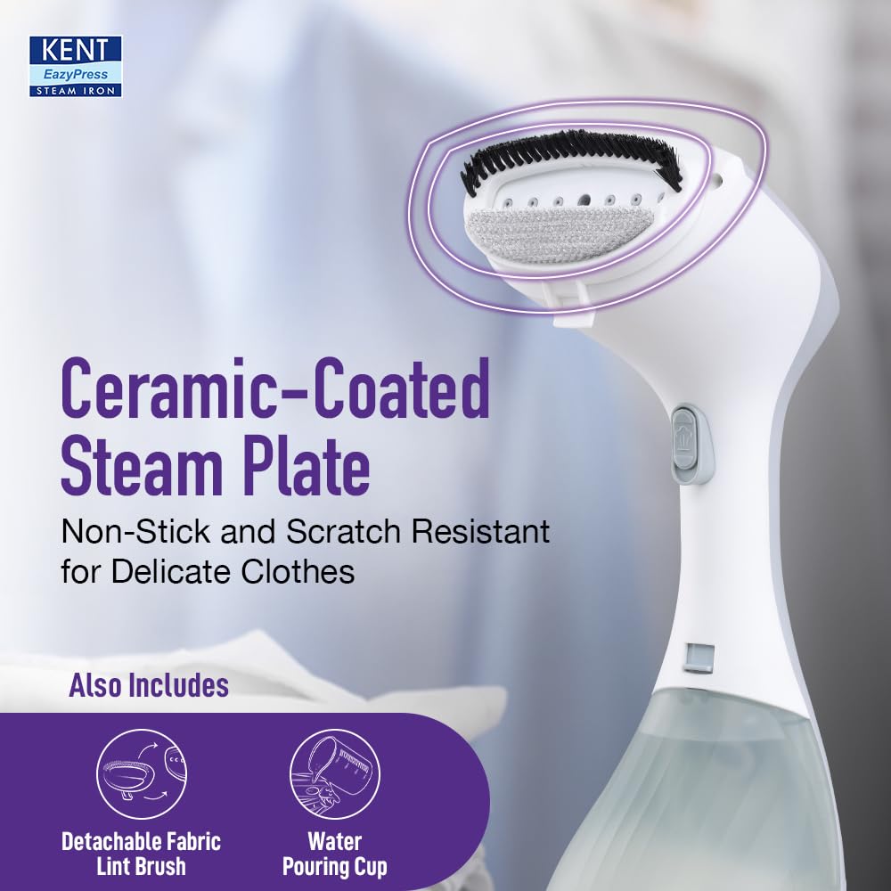 KENT Swift Handheld Garment Steamer 1300 Watts | Ideal for Fabrics like Sarees, Suits, Jackets etc |Ceramic Coated Steam Plate |Continuous Steam Up To 30 Minutes |20 G/Min Steam |260ml Detachable Tank