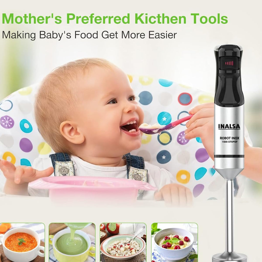 INALSA Hand Blender 1500 W|Silent DC Copper Motor|European Stepless Variable Speed Design| X.Large 1L Chopper|Unique Potato Masher| Detachable| Stainless Steel-Robot INOX 1500 StepUp