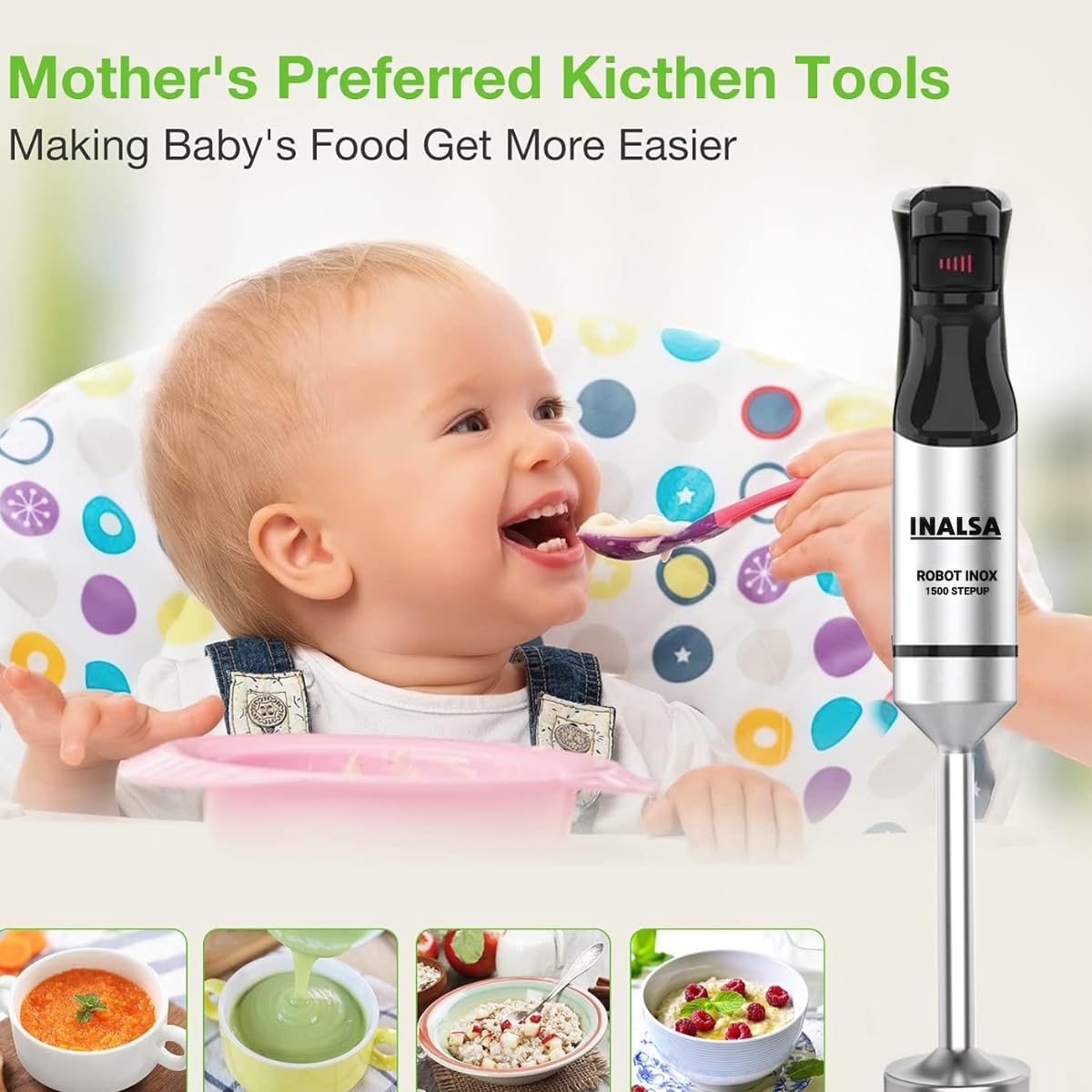 INALSA Hand Blender 1500 W|Silent DC Copper Motor|European Stepless Variable Speed Design| X.Large 1L Chopper|Unique Potato Masher| Detachable| Stainless Steel-Robot INOX 1500 StepUp