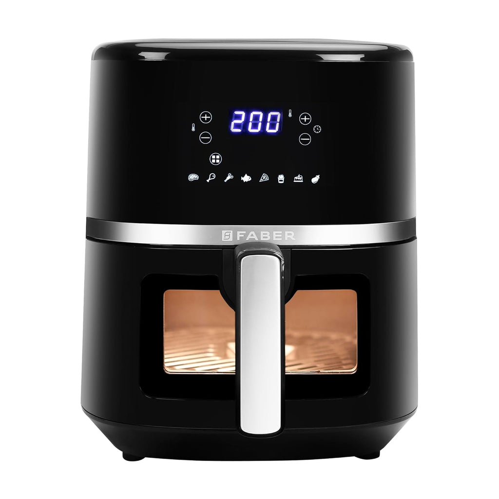 Faber 6L 1500W Digital Air Fryer | Fry, Bake, Roast, Toast, Defrost, Grill & Reheat | 85% Less Oil, 360° Air Cooking | 8-Preset Menu, LED Display & Touch Control, Non-Stick Pan, View Window | (Black)