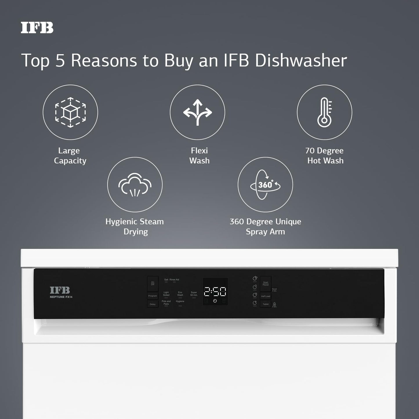 IFB 14 Place Settings with DeepClean® Technology Freestanding Dishwasher (Neptune FX14, White, 70° Hot Water Wash with Hygienic Steam Drying, Perfect for Indian Utensils)