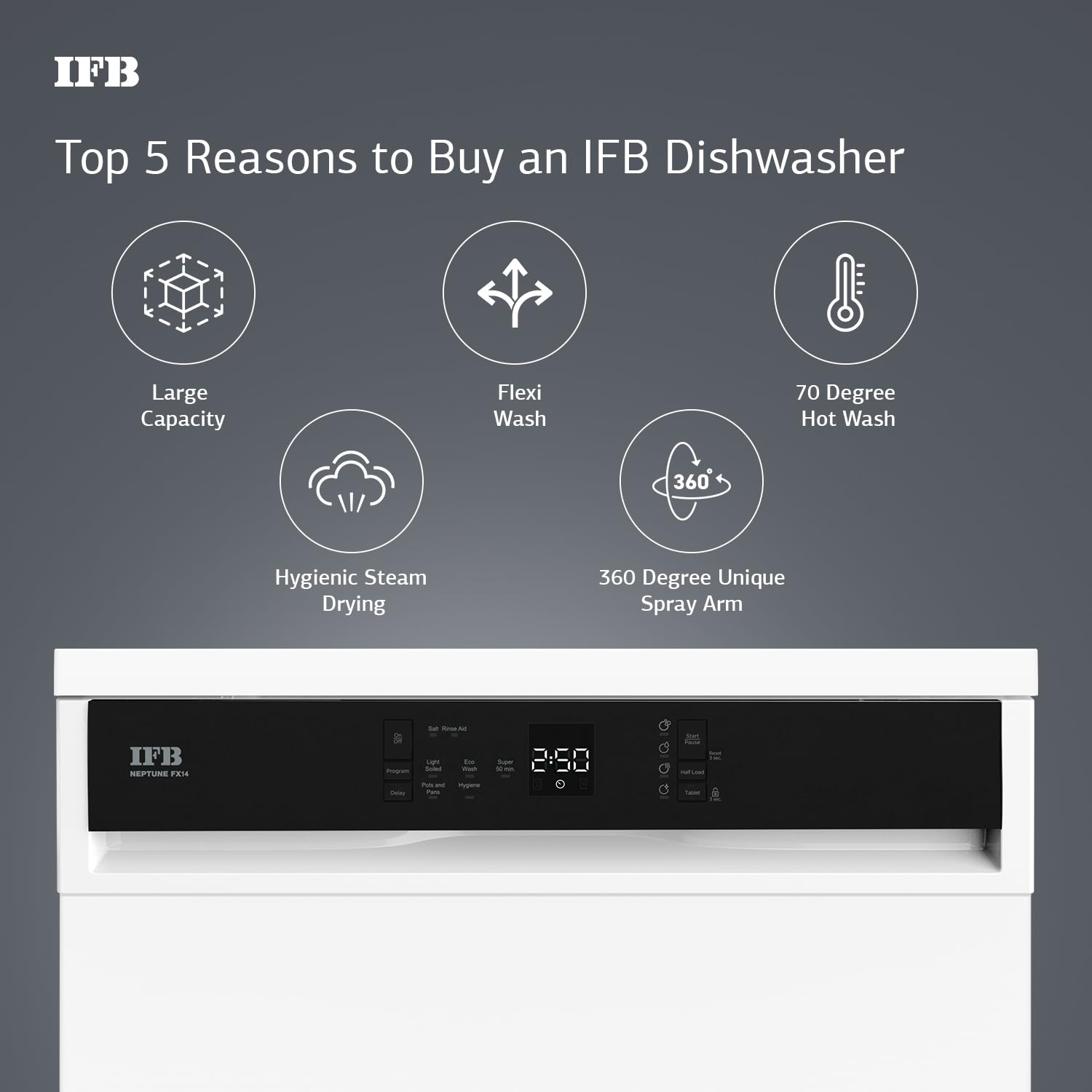 IFB 14 Place Settings with DeepClean® Technology Freestanding Dishwasher (Neptune FX14, White, 70° Hot Water Wash with Hygienic Steam Drying, Perfect for Indian Utensils)