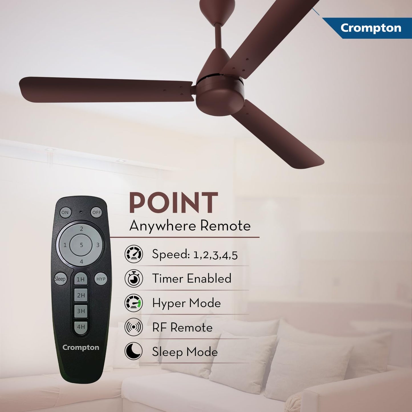 Crompton Energion Hyperjet 1200mm BLDC Ceiling Fan | Point Anywhere Remote Control | BEE 5 Star Rated Energy Efficient | Superior Air Delivery | Anti-Rust | 2 Year Manufacturer Warranty | Brown