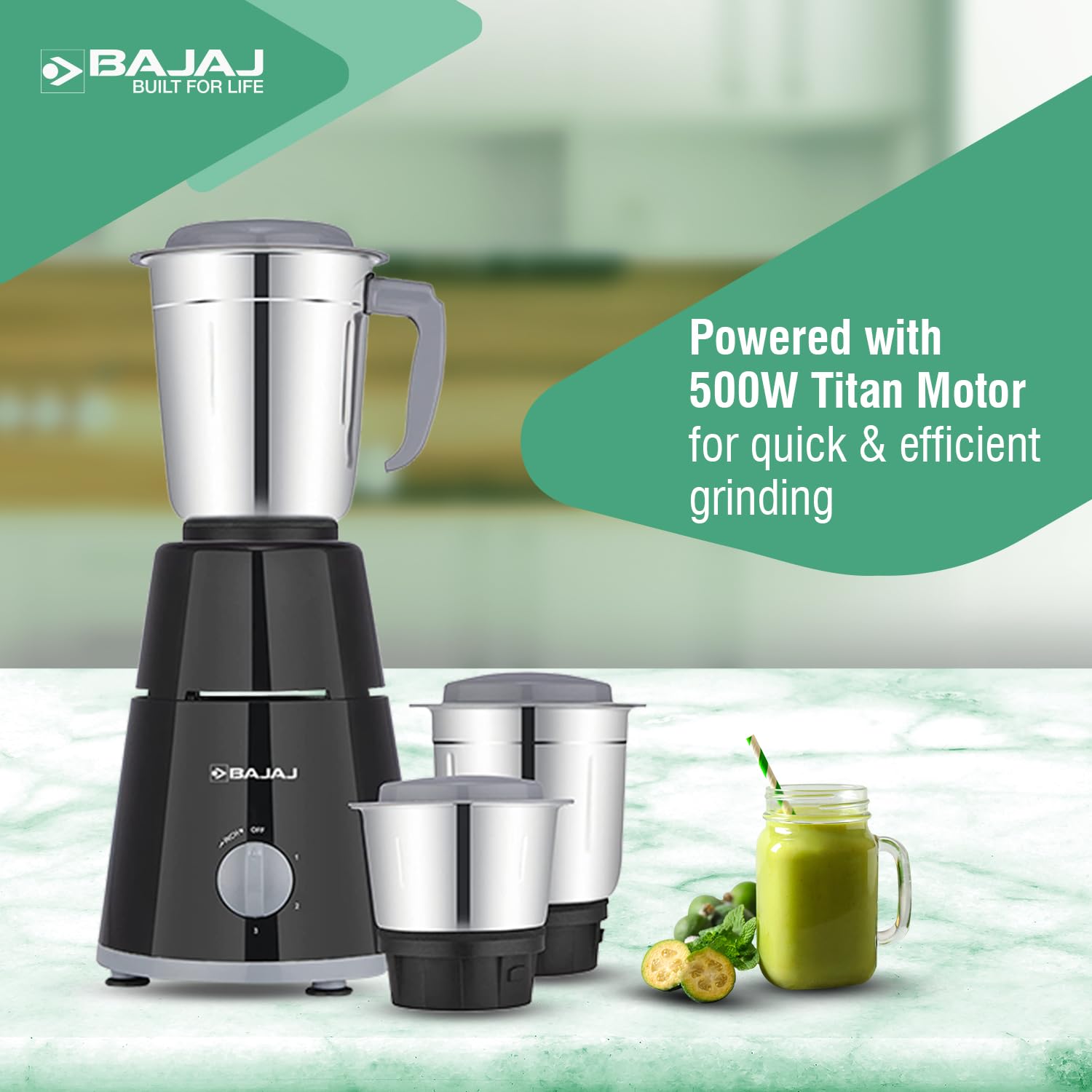 Bajaj GX-1 Mixer Grinder 500W | Superior Mixie For Kitchen | 2-In-1 For Dry Grinding | Blade Function With Titan Motor | 3 Stainless Steel Mixer Jars | 1 Year Product Warranty By Bajaj 【Black】