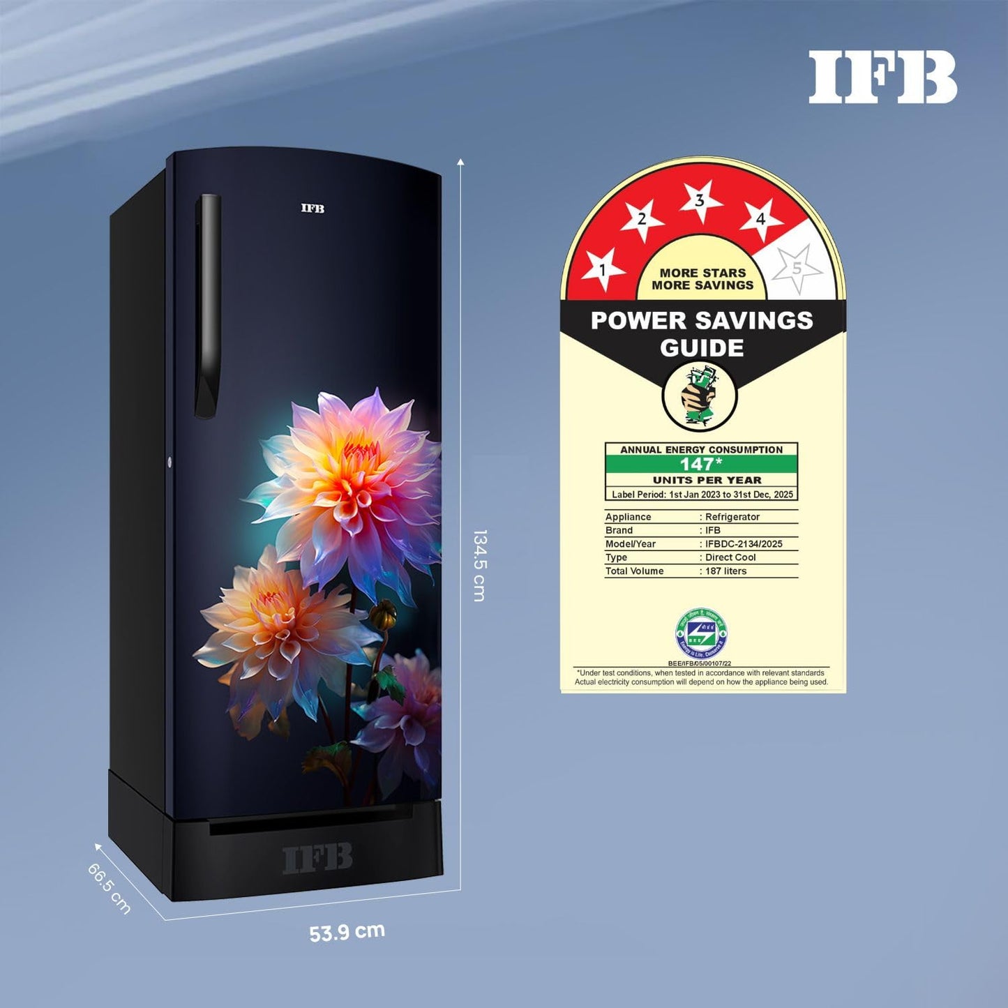 IFB 187L 4 Star Direct Cool Advanced Inverter Single Door Refrigerator (IFBDC-2134DBNED, Divine Bliss-Blue, Humidity Controller, Extraordinary Space with Base Drawer)