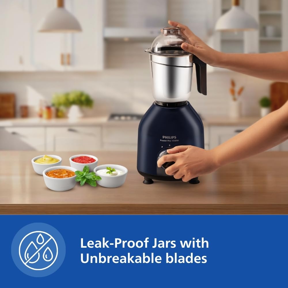 Philips HL7714/01, 1000 W PowerPro Motor Mixer Grinder, 4 Jars (Azure Blue), Edged blade made of superior SS304 material, Quick cool ventilation for longer motor life