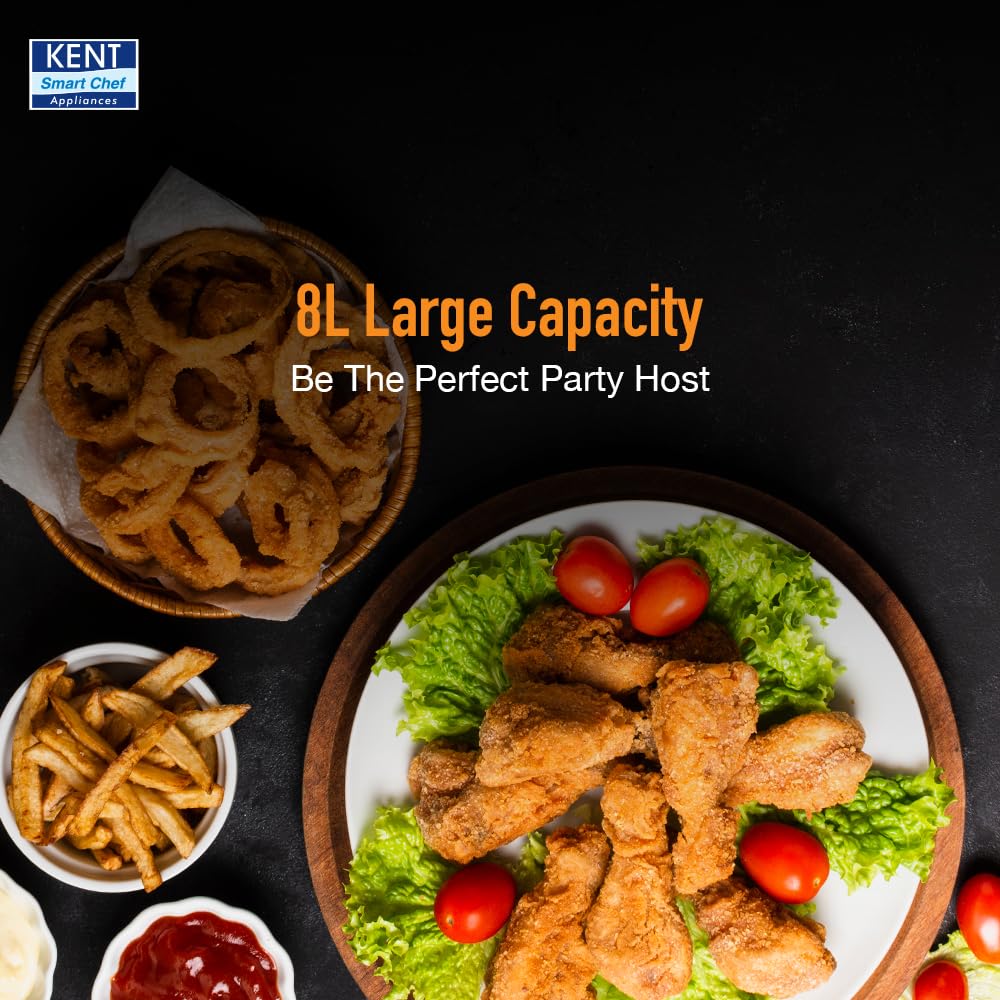 KENT Digital Air Fryer 8L | 1700W | Bake, Grill & Roast | Up to 80% Less Oil Usage | 7 Preset Menu | Digital Display & Touch Control Panel | Glass Window with in built Light | Auto Cut-Off Silver