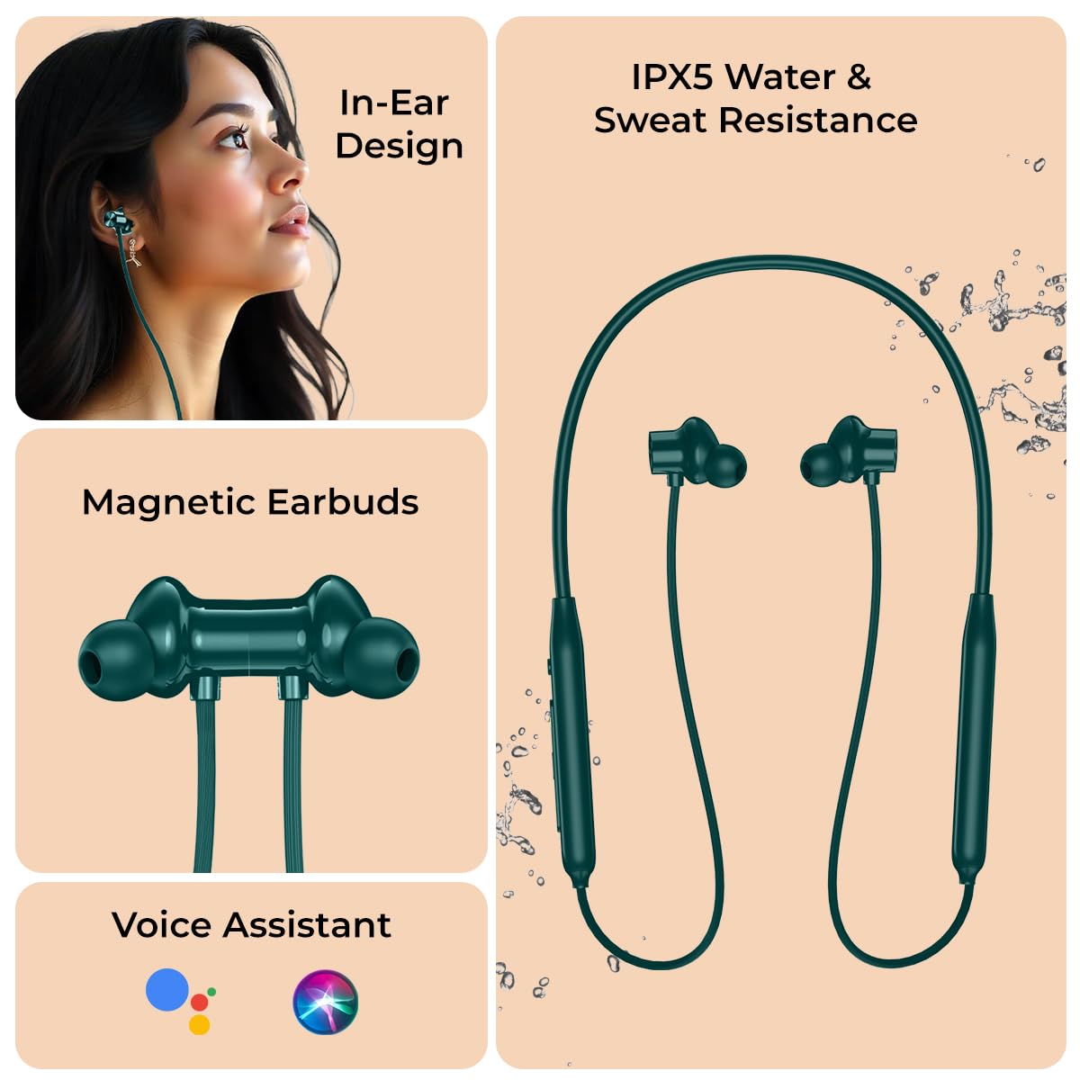 pTron Tangent Rush w/ 50Hrs Playtime, Pristine Sound, Dual-Device Pairing, Bluetooth 5.4 Wireless in-Ear Earphones with Mic, Voice Assistant, Type-C Fast Charging & IPX5 Water Resistant (Green)