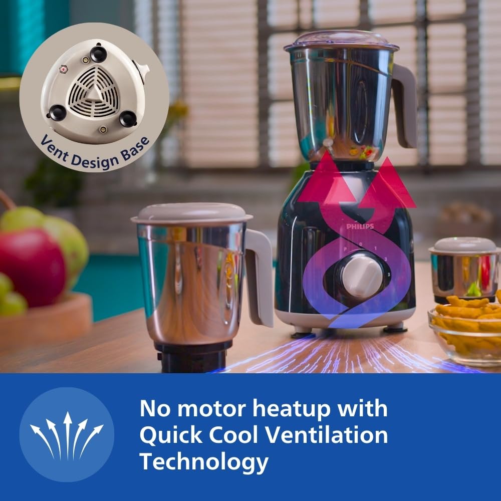 Philips HL7759/00 Mixer Grinder, 750W Turbo Motor, 4 Jars (Black), Quick cool ventilation for longer motor life