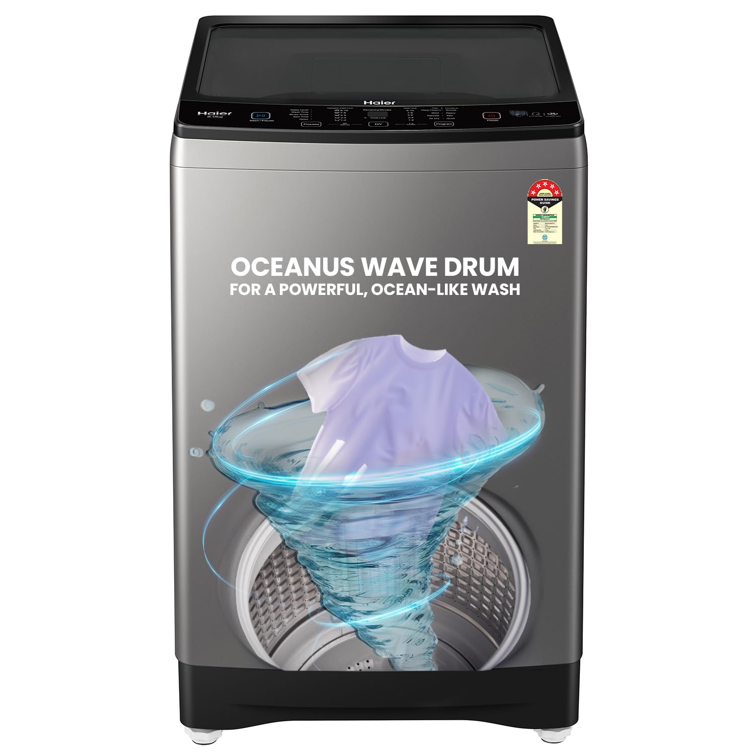 Haier 7 Kg 5 Star Fully Automatic Top Load Washing Machine with Oceanus Wave Drum, Magic Filter, 8 Wash Programs (HWM70-AE, Moonlight Silver, Stainless Steel Drum, 15 Mins Quick Wash)