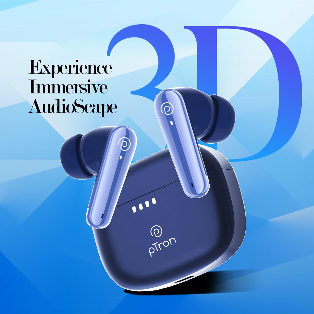 pTron Newly Launched Bassbuds Prism TWS Earbuds with 3D AudioScape, 45Hrs Playtime, TruTalk AI-ENC Calls, 50ms Low Latency Sync, BT5.3, Type-C Fast Charging, Voice Asst. & IPX5 Water Resistant (Blue)