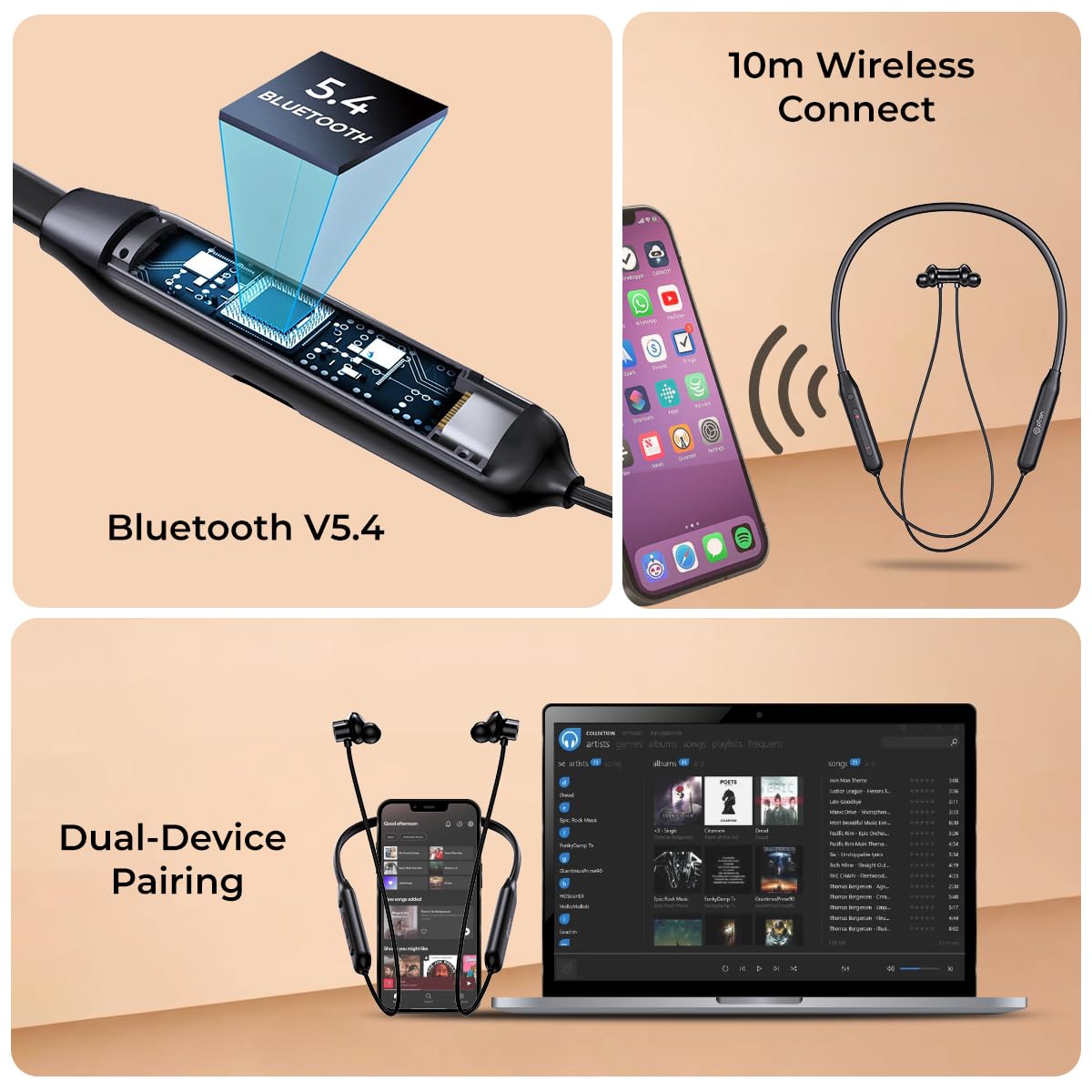 pTron Tangent Rush w/ 50Hrs Playtime, Pristine Sound, Dual-Device Pairing, Bluetooth 5.4 Wireless in-Ear Earphones with Mic, Voice Assistant, Type-C Fast Charging & IPX5 Water Resistant (Black)