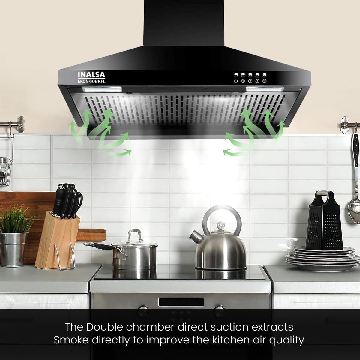 INALSA EKON 60cm 1100 m³/hr Pyramid Kitchen Chimney With Elegant Look|Push Button Control|Efficient Dual LED Lamps & Filterless|5 Year Warranty on Motor ( EKON 60BKFL, Black)