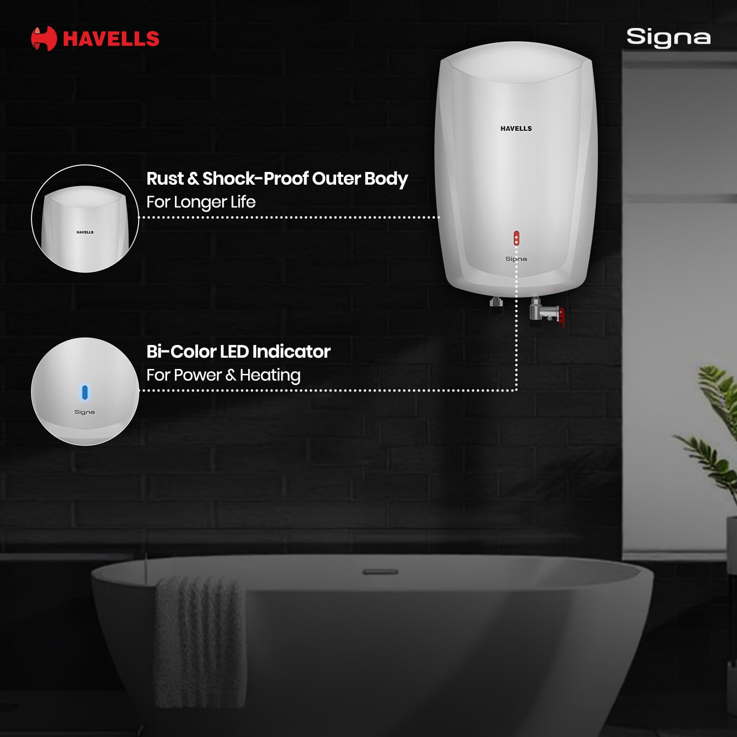 Havells Signa 5 Litre Instant Water Heater(Geyser)| Twin LED Indicator| Rust and Shock Proof Body| ISI Marked| Fire Retardant Power Cord| Warranty: 5 year on inner tank & 2 year comprehensive (White)