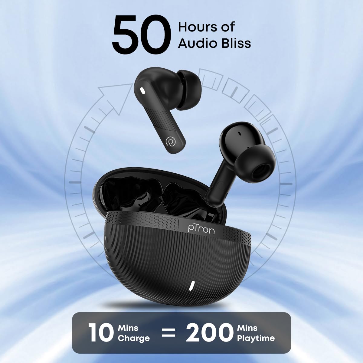 pTron Bassbuds Fury in-Ear TWS Earbuds with 13mm Drivers, 50Hrs Playtime, AI-ENC Clear Calls, Bluetooth V5.4 Wireless Headphones, Voice Assistant, Type C Charging & IPX5 Water Resistant (Black)