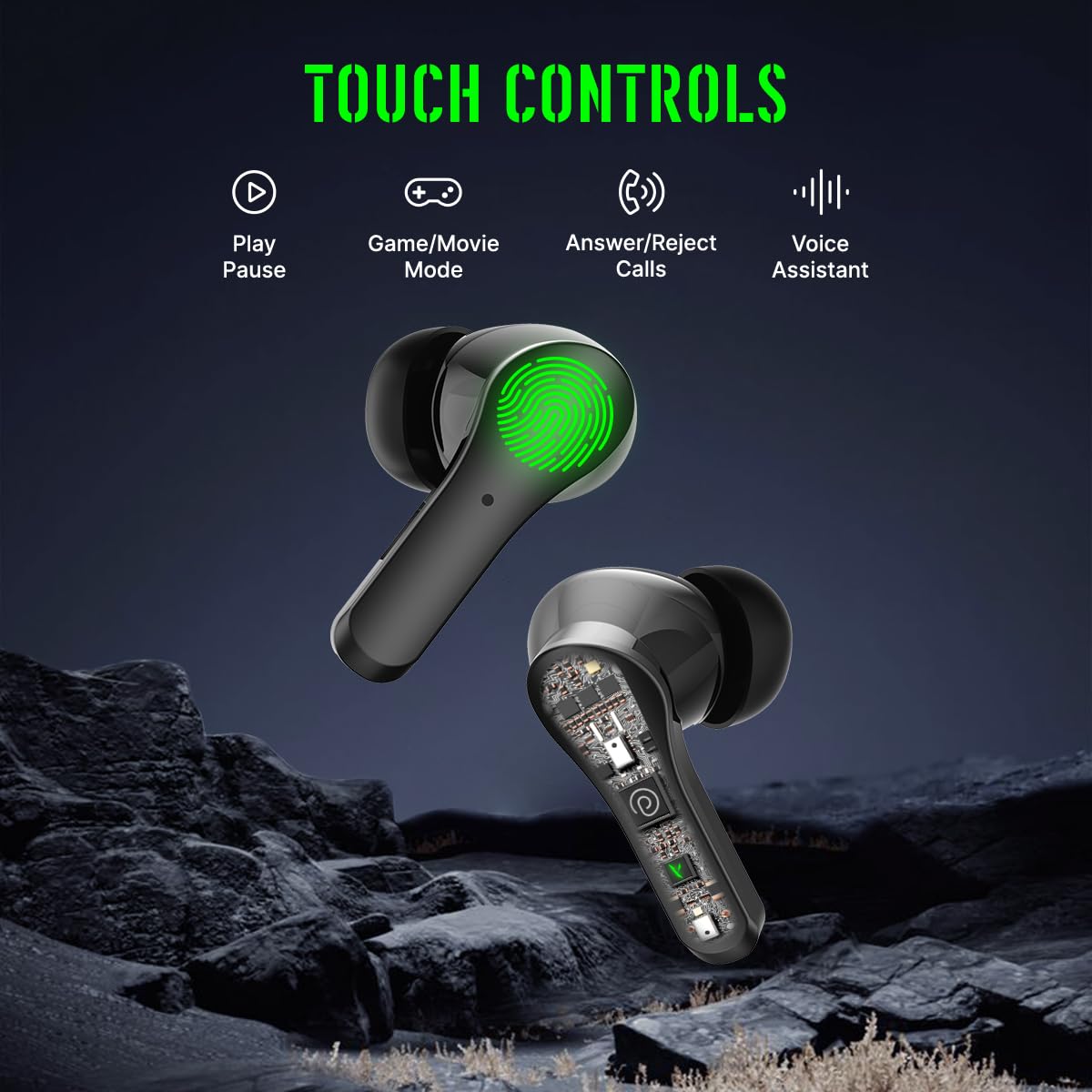 pTron Bassbuds Rogue W/ 40Ms Low-Latency Gaming,Clear Calls,50Hrs Playtime,Pristine Sound,V5.3 Bluetooth in Ear Headphones,Snug-Fit,RGB Lights,Touch Control,Voice Assist,IPX5 Water Resistant(Black)