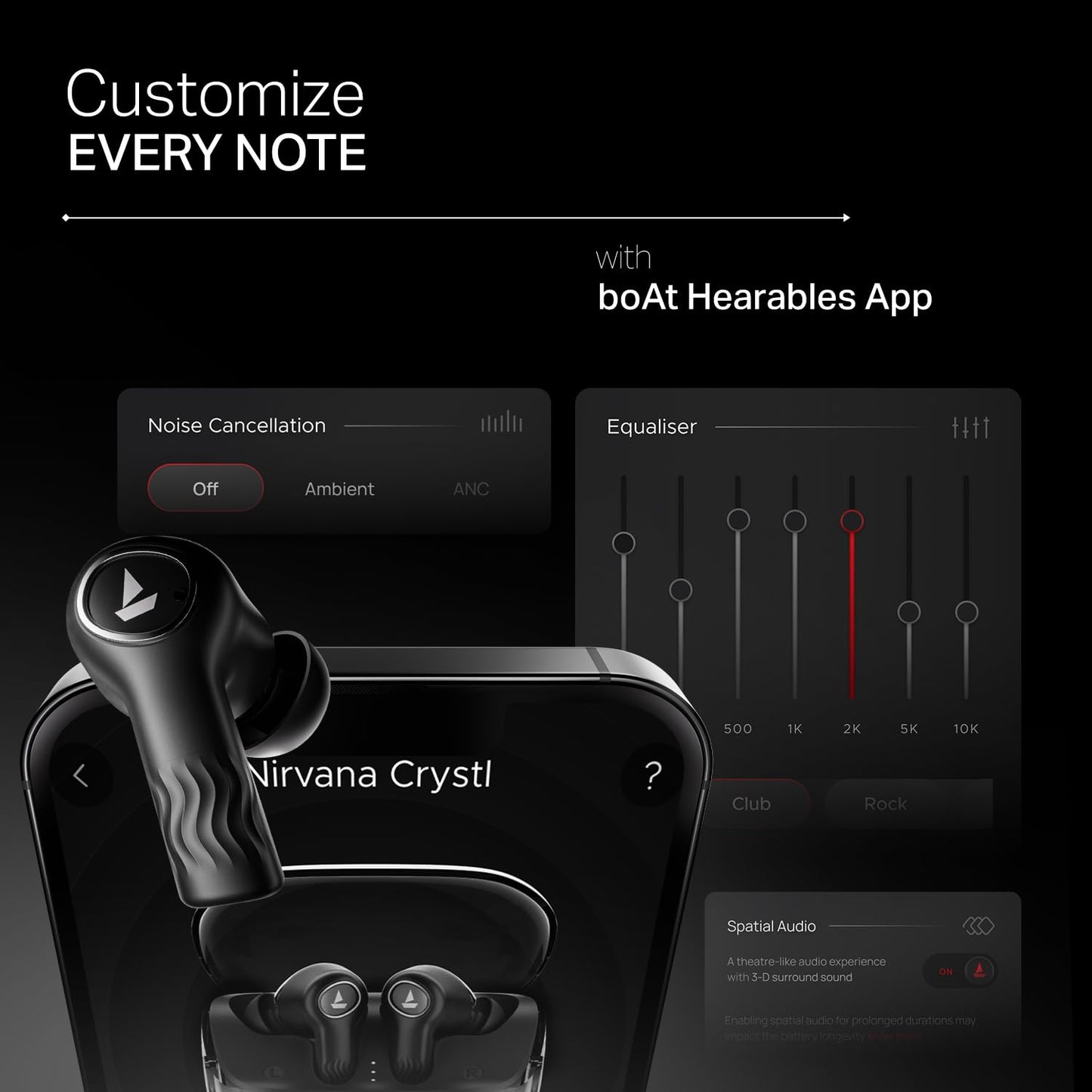 boAt Nirvana Crystl (2025 Launch), Transparent Case,Spatial Audio, ANC(~32dB), 100Hrs Battery,4Mics ENx,App Support, Bluetooth Earbuds, TWS Ear Buds Wireless Earphones with mic (Quantum Black)