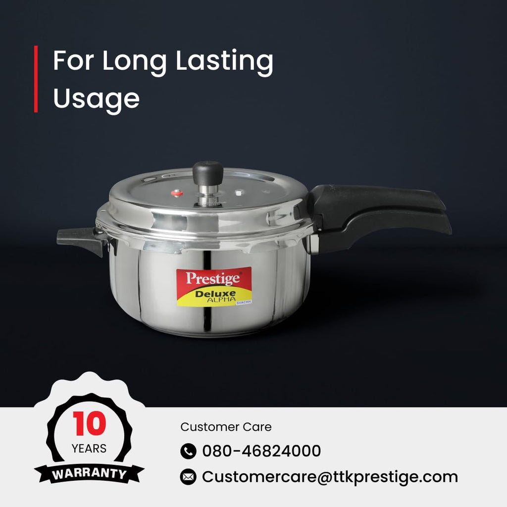Prestige 3L Svachh Deluxe Alpha stainless steel Pressure Cooker|Outer lid|3-4 personsl|Deep lid for spillage control|Gas & induction compatible|Controlled GasketRelease System|Silver|10 years warranty