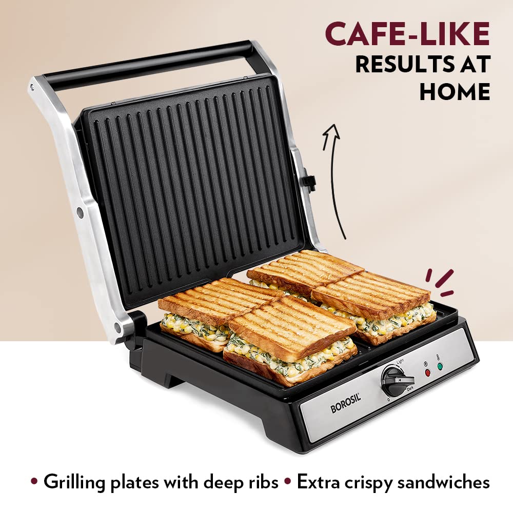 Borosil Jumbo Grill Sandwich Maker | Can Make 4 Sandwich At a Time | Electric Toaster Maker | Non-Stick Coating Plates Opens to 180°, BPA & PTFE Free | Power Indicators | 2 Year Warranty (2000W)