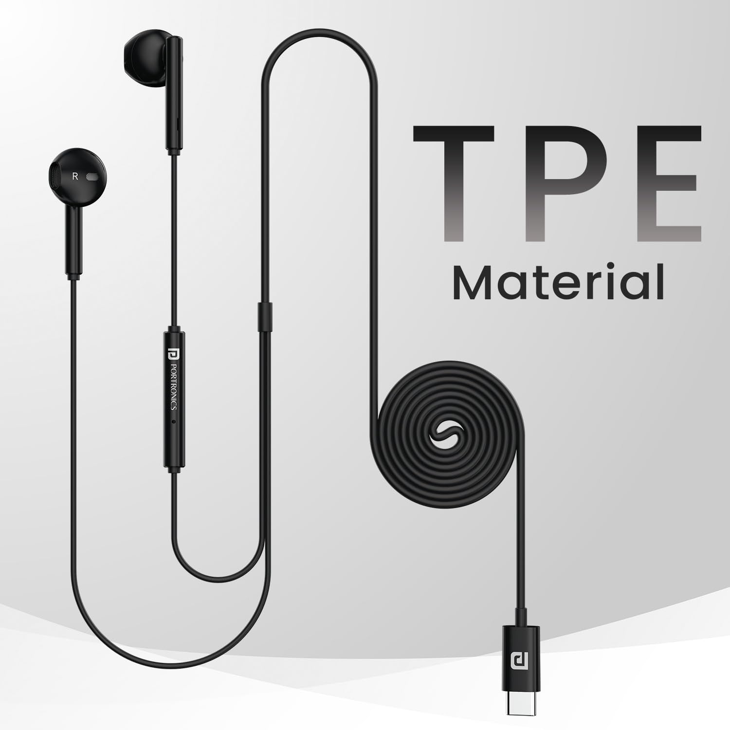 Portronics Conch Theta C in Ear Type C Wired Earphones with in Line HD Mic, Powerful Audio, 14.2mm Driver, Unique Earbuds Design, TPE Anti Tangle Wire, in line Controls, Wide Compatibility(Black)