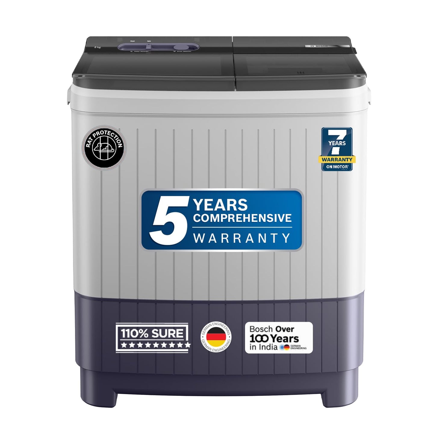 Bosch 8 kg 5 Star Semi-Automatic Top Loading Washing Machine (2025 Model, WJP802L0IN, 3 Wash Programs, Anti-Rust Body, 1300 RPM Spin Speed, Peacock Blue, 5 Years Comprehensive Warranty)