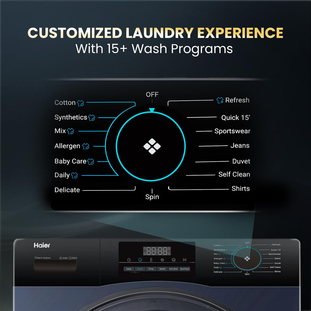 Haier 9 Kg 5 Star Powered by AI-DBT with Direct Drive Technology, PuriSteam, 525mm Super Drum Fully Automatic Front Load Washing Machine (EFL90-DM14IBIEBK,In-Built Heater,Steel Drum,Black)